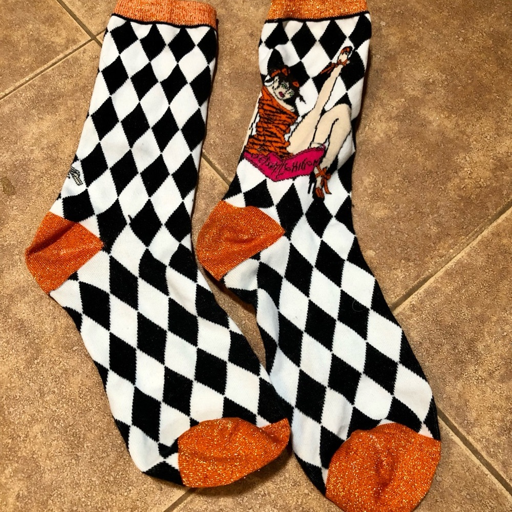 Betsey Johnson Patterned Socks with Metallic Orange Accents